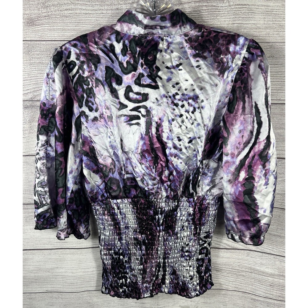 Candie's Vintage Y2K Purple Abstract Animal Print Silky Blouse Ruched Waist S